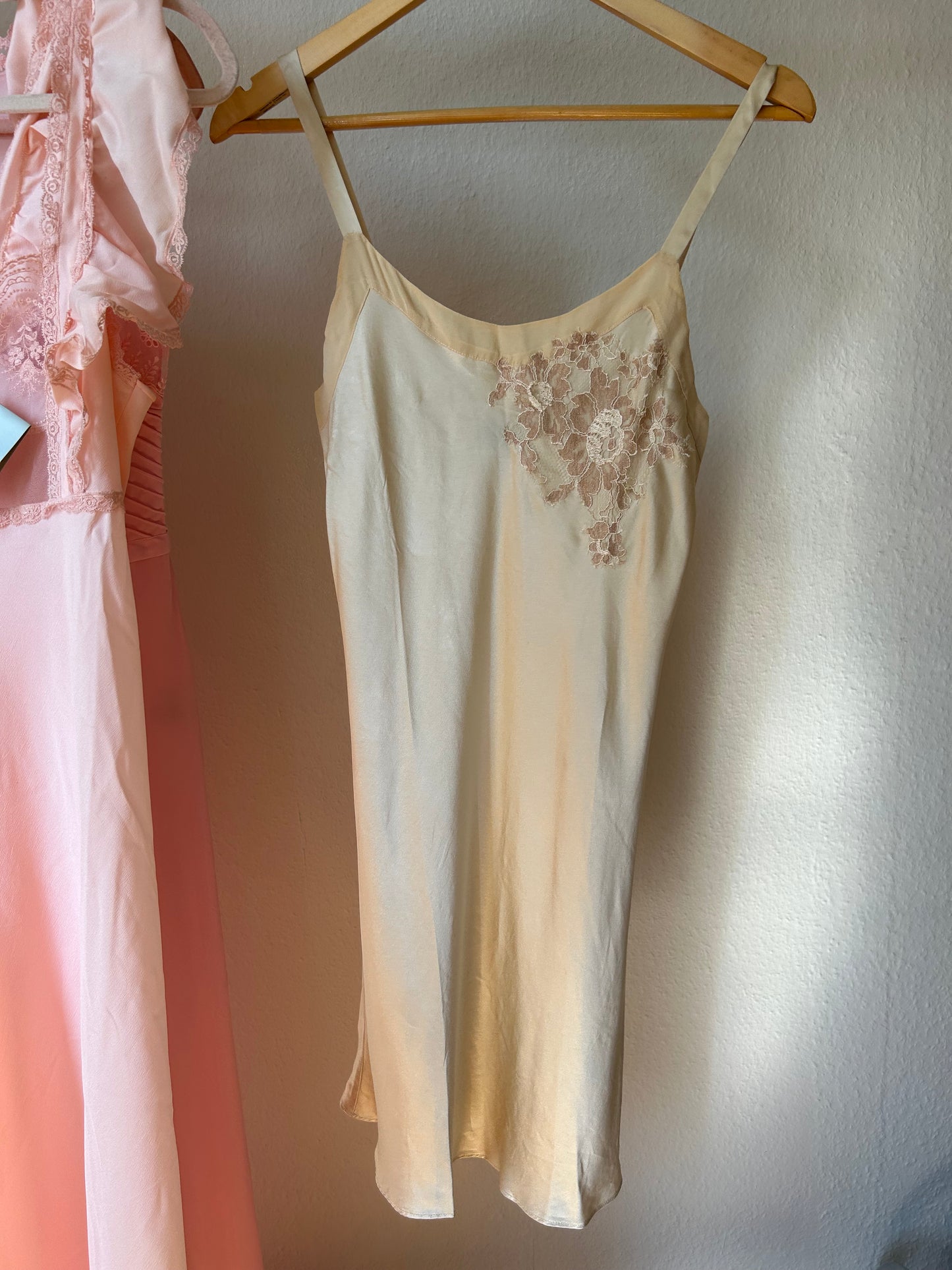 Vintage pure silk butter yellow mini slip dress with floral lace embroidery/ S