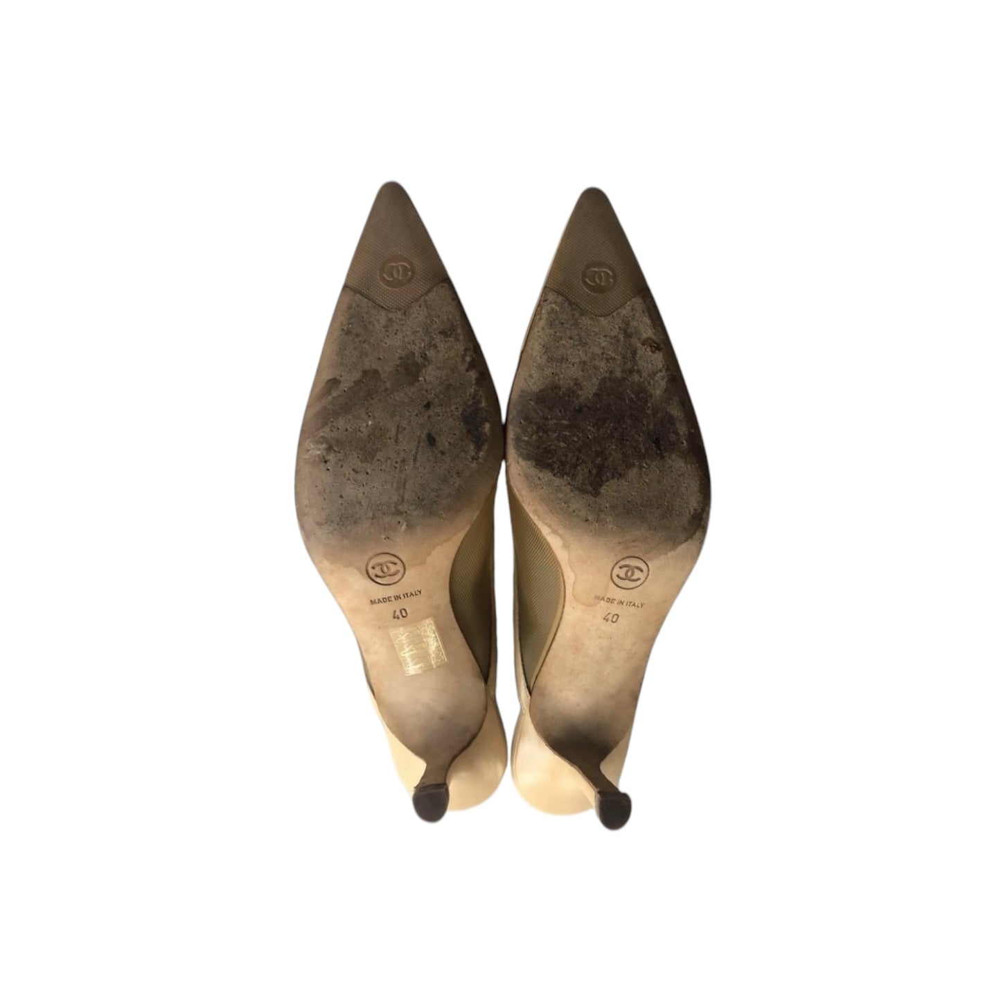 Vintage Chanel beige mesh CC interlocking logo mule heels by Karl Lagerfeld/ 40