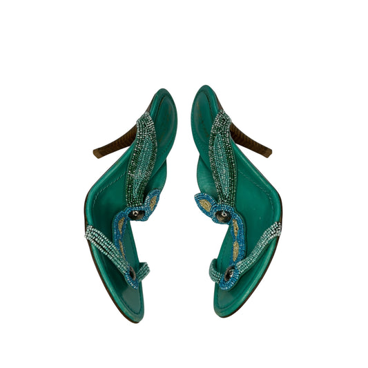 Vintage rare Sergio Rossi turquoise sequined mules / 37.5