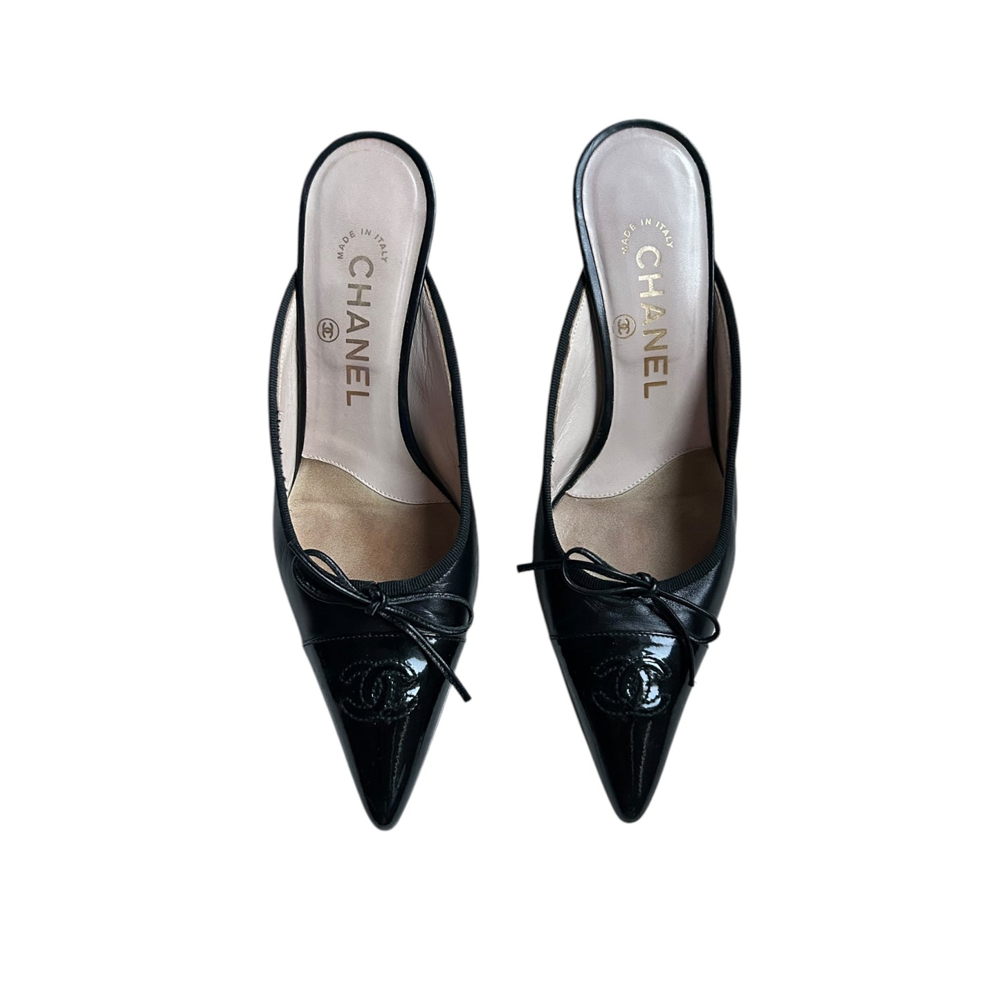 Vintage Chanel CC interlocking logo black leather mule heels by Karl Lagerfeld/ 36