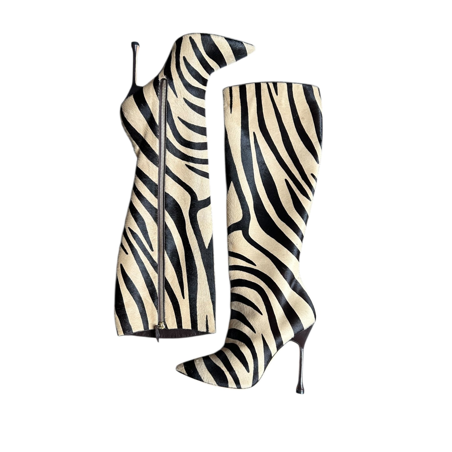 Vintage Manolo Blahnik pony hair zebra print knee high boots/ 38.5