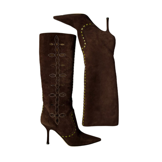 Vintage rare Jimmy Choo brown suede leaves embroidery boots /37.5