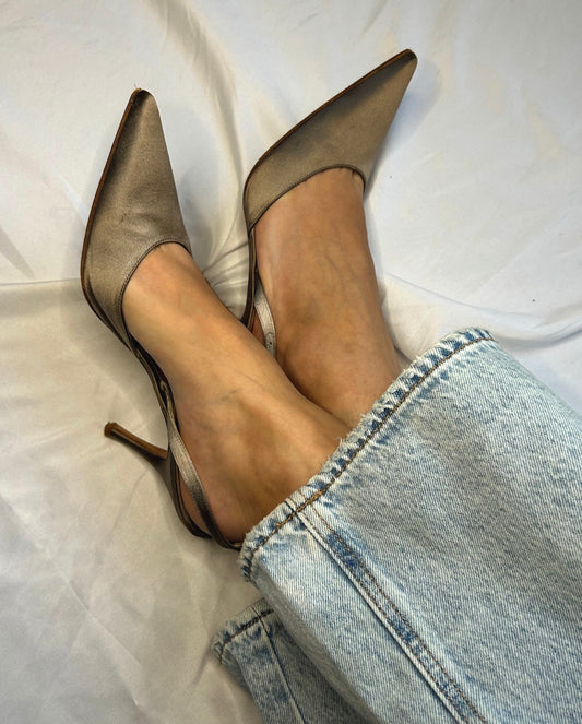 Vintage Stuart Weitzmann satin gray slingback heels/ 39