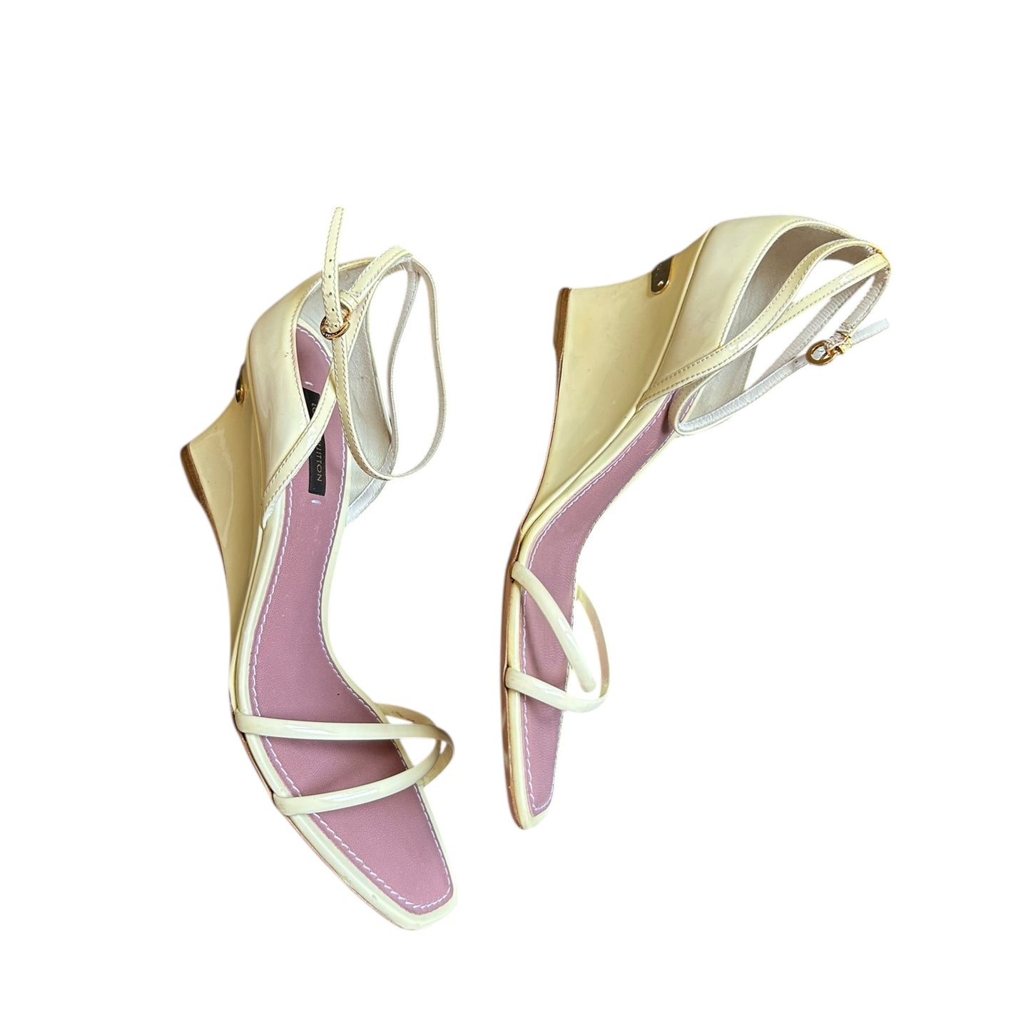 Vintage Louis Vuitton leather ivory two strap wedges / 37.5
