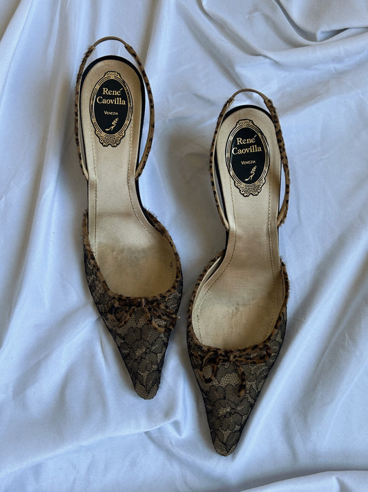 Vintage Rene Caovilla pony hair bow tie slingback heels / 41