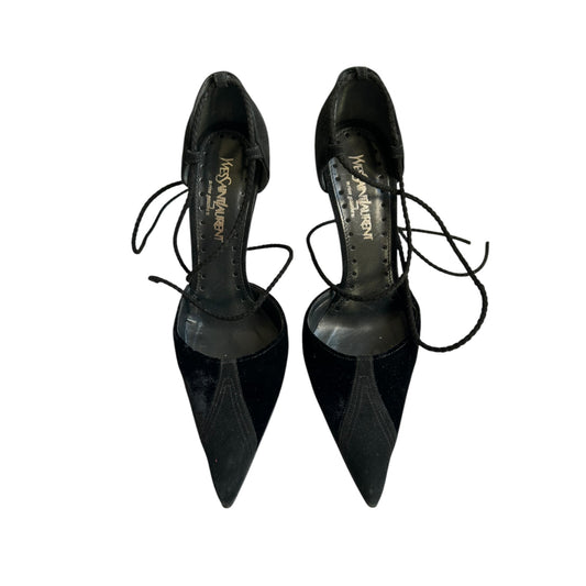 Vintage Yves Saint Laurent black velvet wrap around heels/ 36