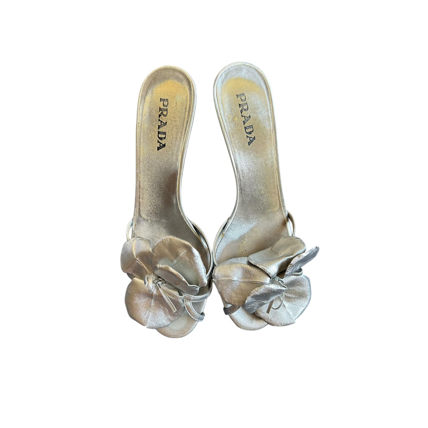 Vintage rare Prada floral appliqué silver mule heels/ 37