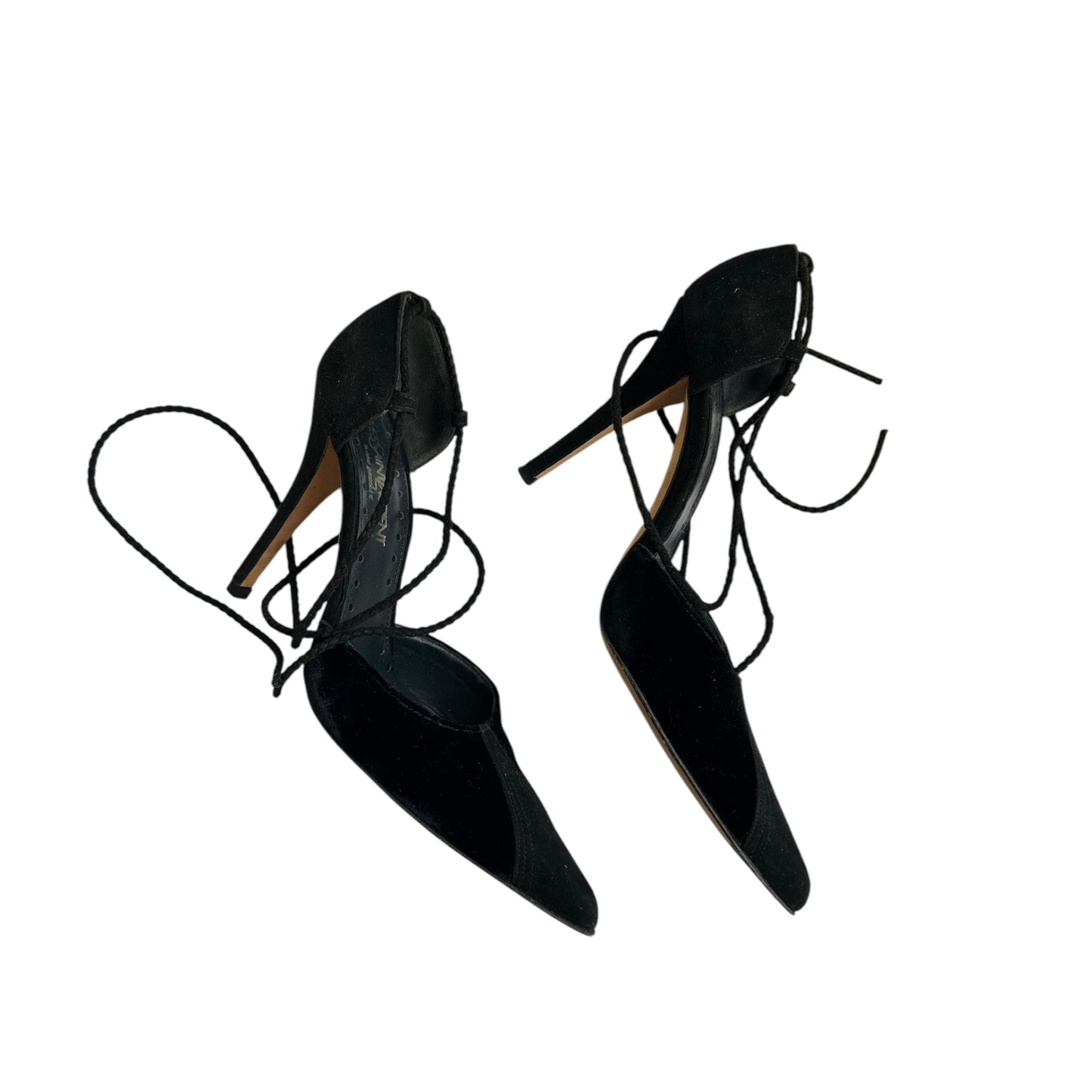 Vintage Yves Saint Laurent black velvet wrap around heels/ 36