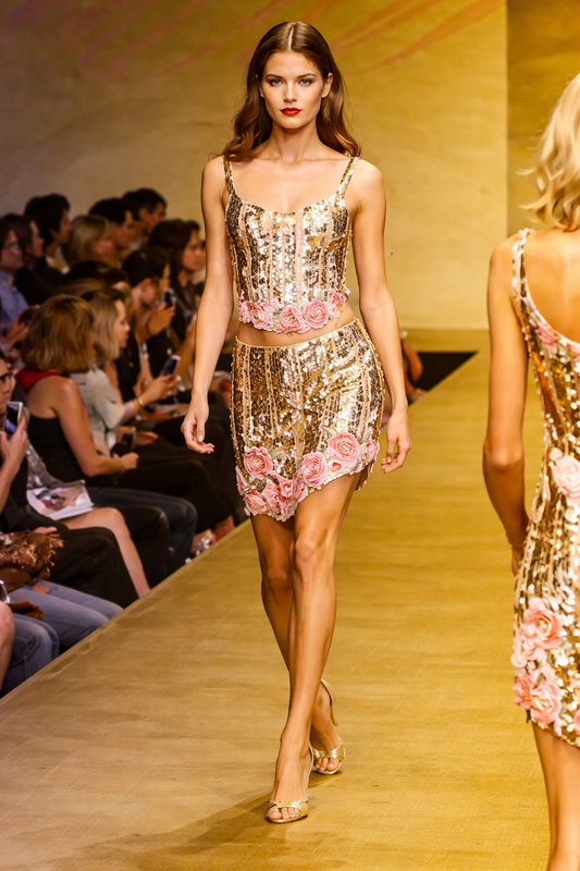 Vintage Blumarine SS2000 Gold Sequin Plunge Dress with Pink Floral Hem runway