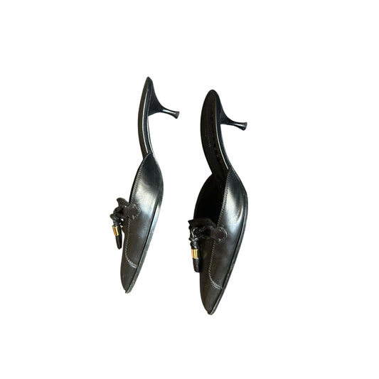 Vintage Yves Saint Laurent black leather tassel mule heels / 37.5
