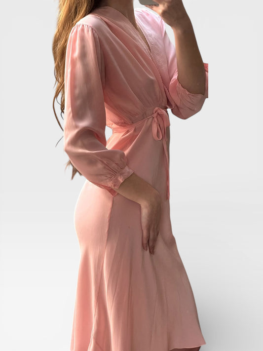 Vintage pink embroidered blush maxi silk slip dress / S