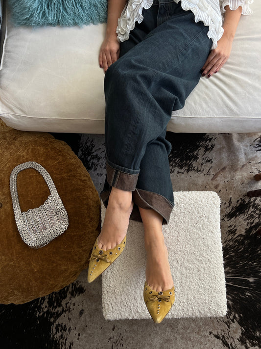 Vintage Prada lime eyelet mule heels / 39