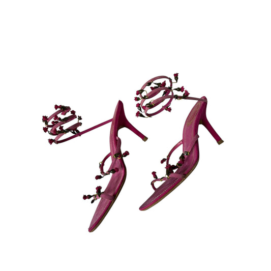 Vintage rare Renè Caovilla purple suede wrap around floral sandal heels / 38.5