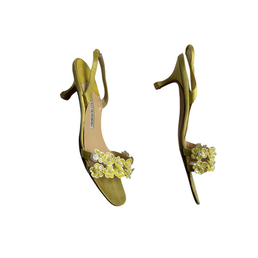Vintage Manolo Blahnik satin lime floral slingback heels / 37.5