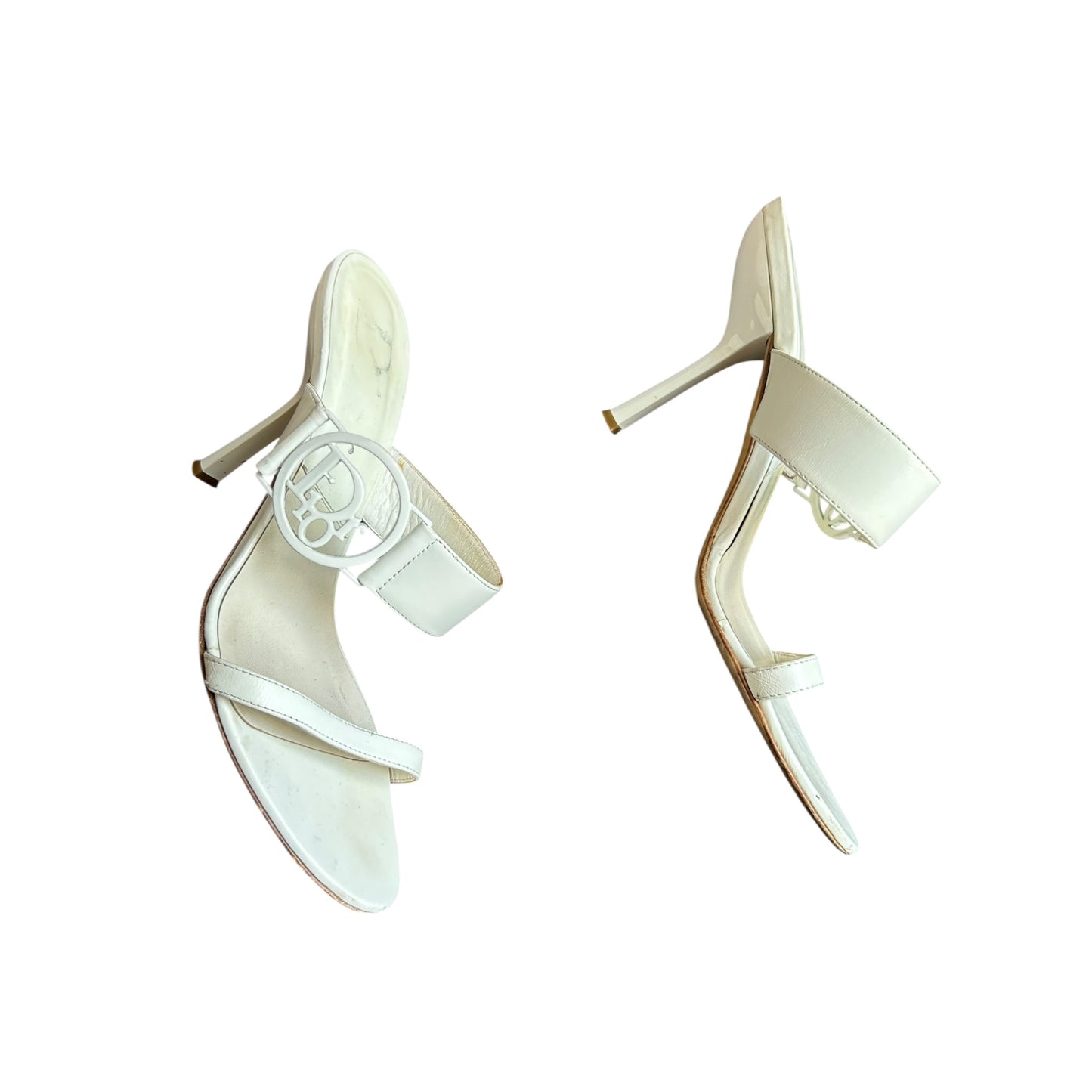 Vintage Dior white leather metal logo mule heels/ 38.5