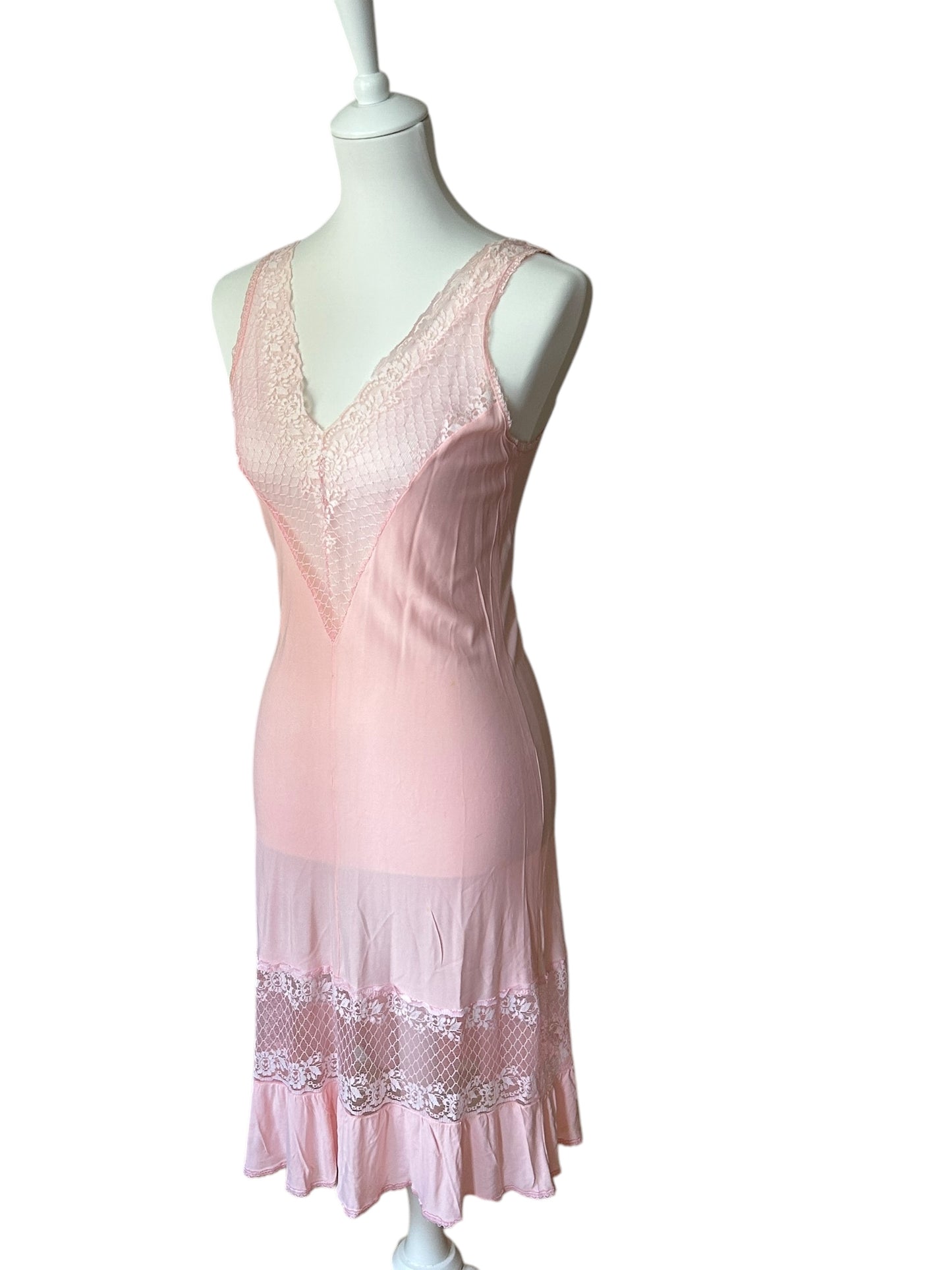 Vintage pink lace slip midi dress / S