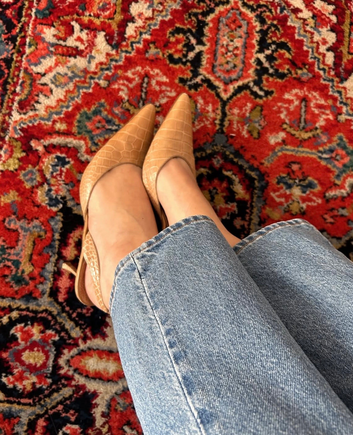 Vintage Manolo Blahnik croc leather nude slingback heels / 41.5