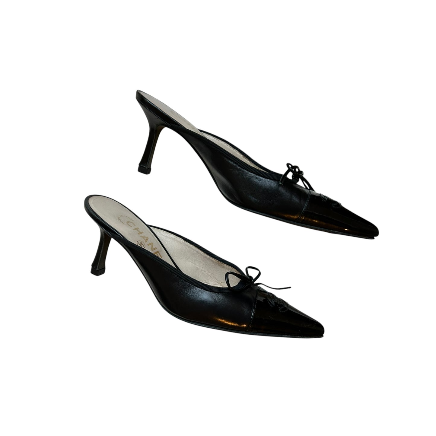 Vintage Chanel CC interlocking logo black leather mule heels by Karl Lagerfeld/ 36