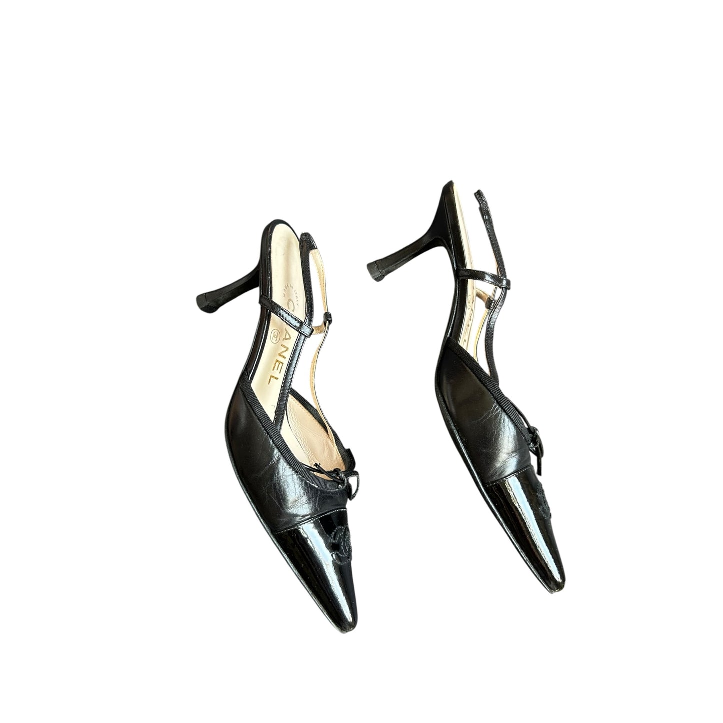 Vintage Chanel CC logo black leather slingback heels by Karl Lagerfeld/ 35.5