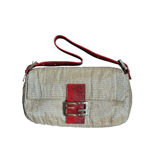 Vintage Fendi Baguette Bag – Beaded Ivory Shoulder Bag with Red Lizard Leather Strap