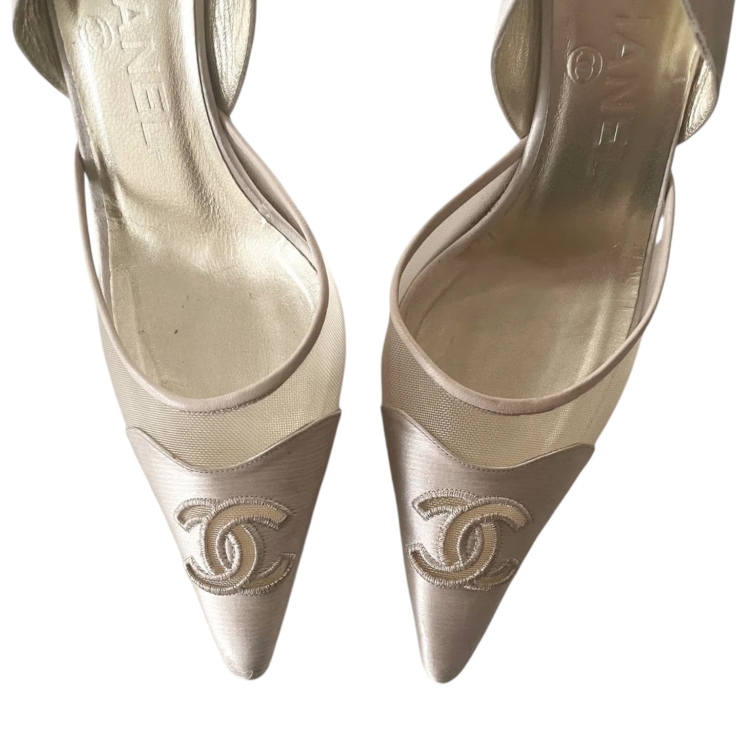 Vintage Chanel satin pearl CC logo slingback heels by Karl Lagerfeld/ 36