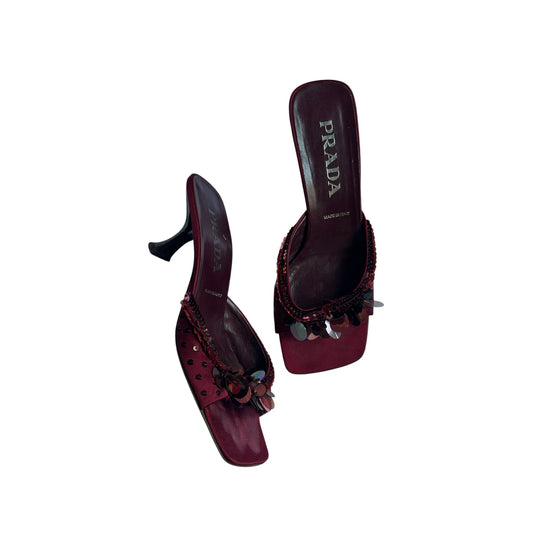 Vintage Prada 2000 sequined satin burgundy mules heels / 38.5