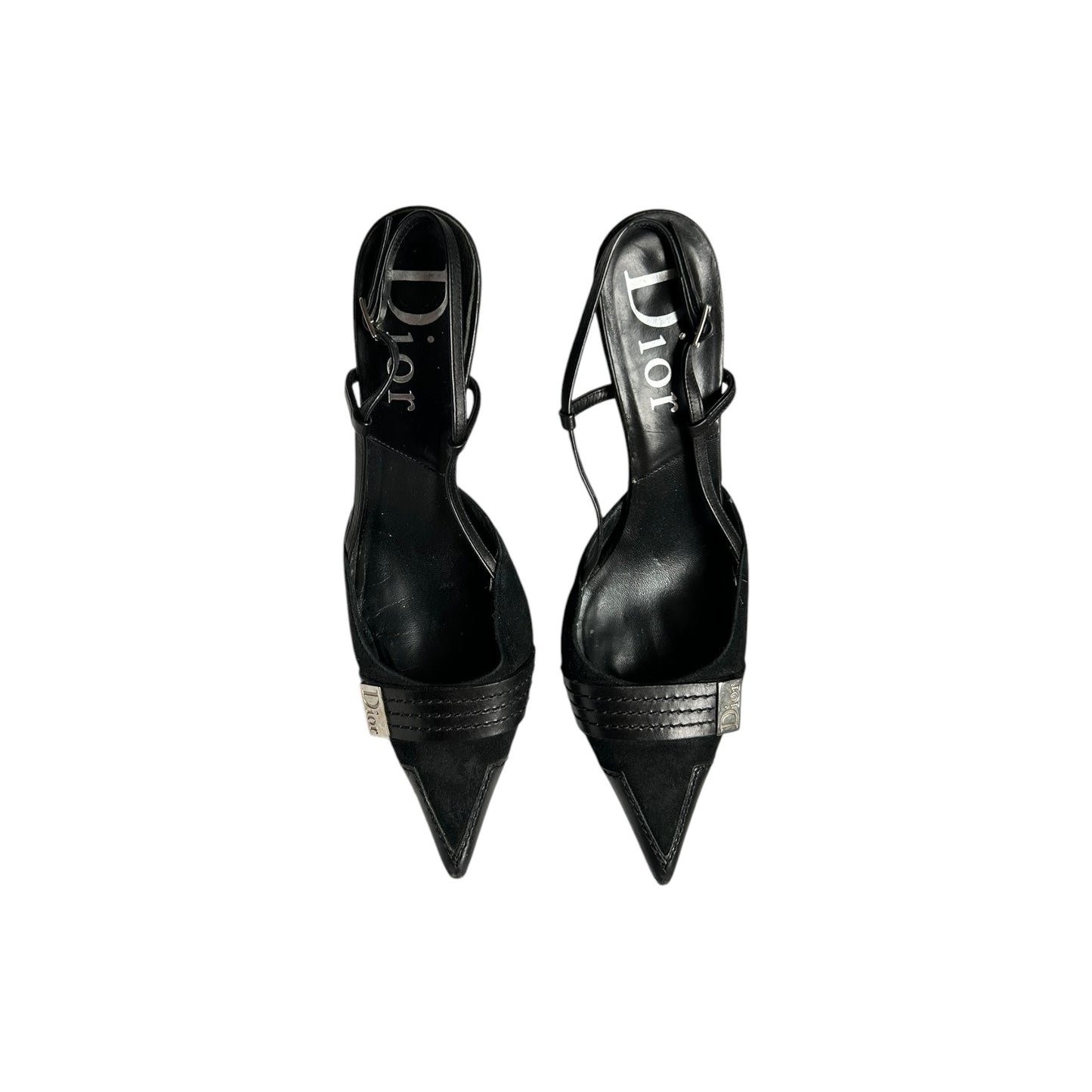 Vintage Dior black suede-leather buckle sling back heels / 39
