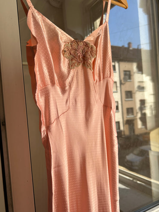 Vintage pink polka dot satin maxi slip dress with floral embroidery/ Xs