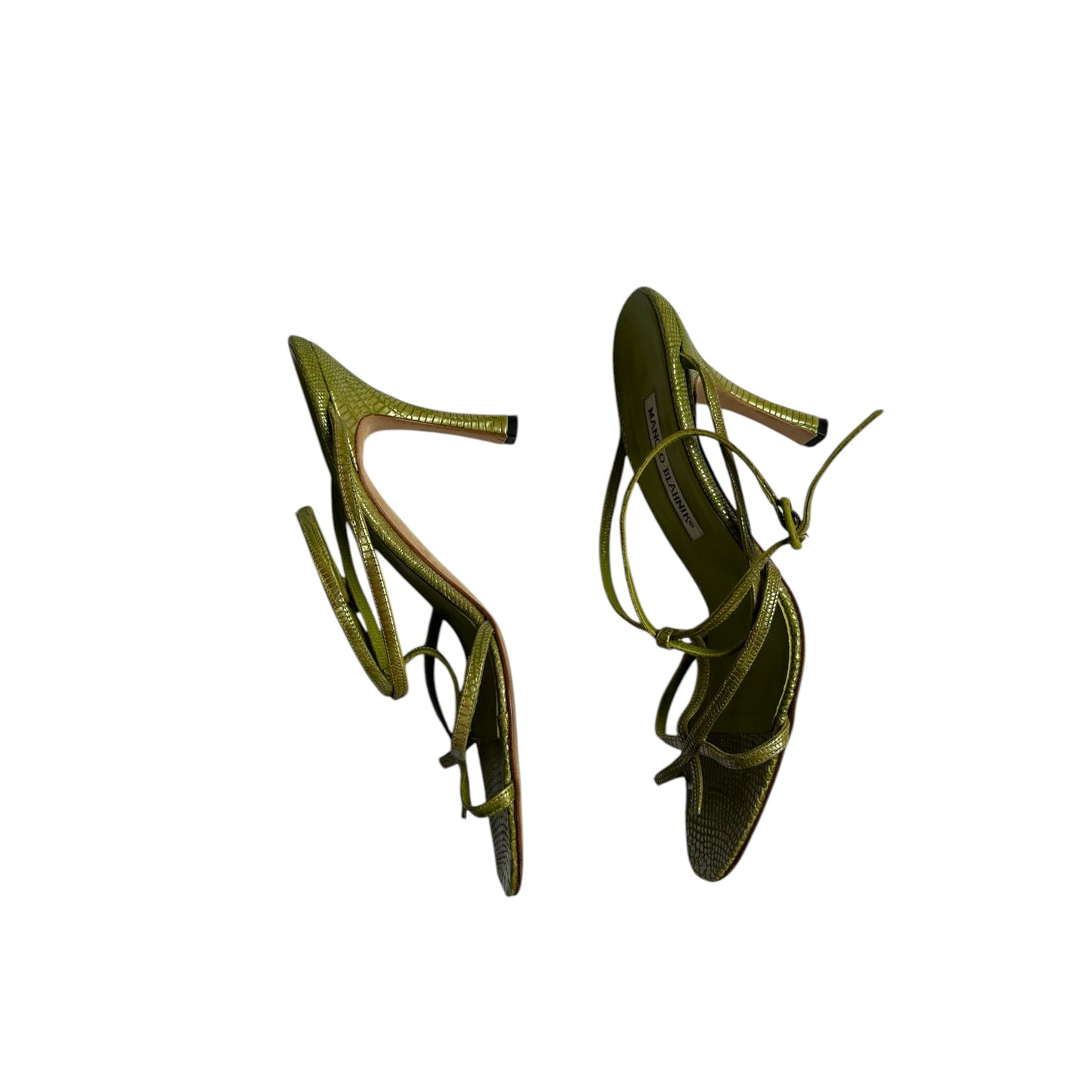 Vintage Manolo Blahnik green lizard skin strap sandal heels / 38
