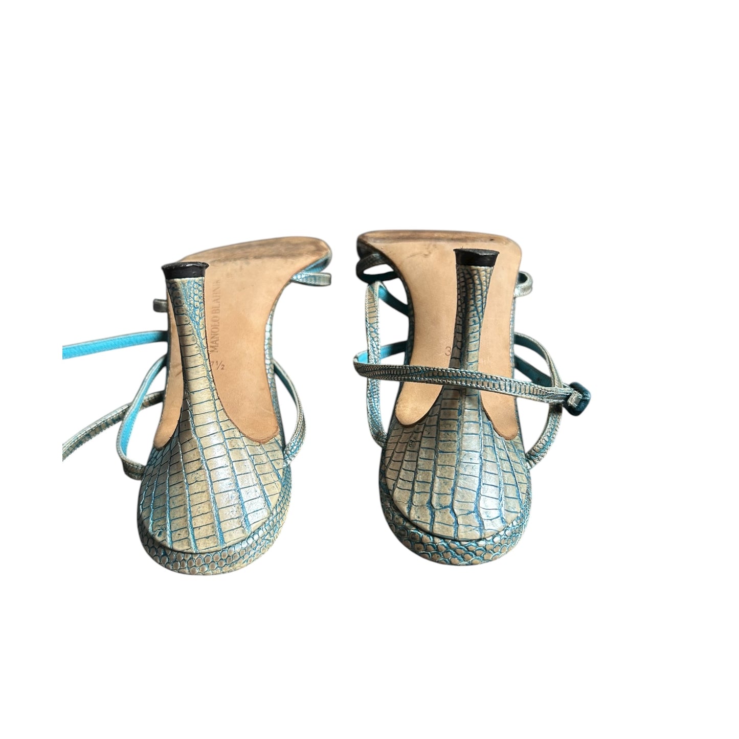 Vintage Manolo Blahnik lizard turquoise strap sandal heels / 37.5
