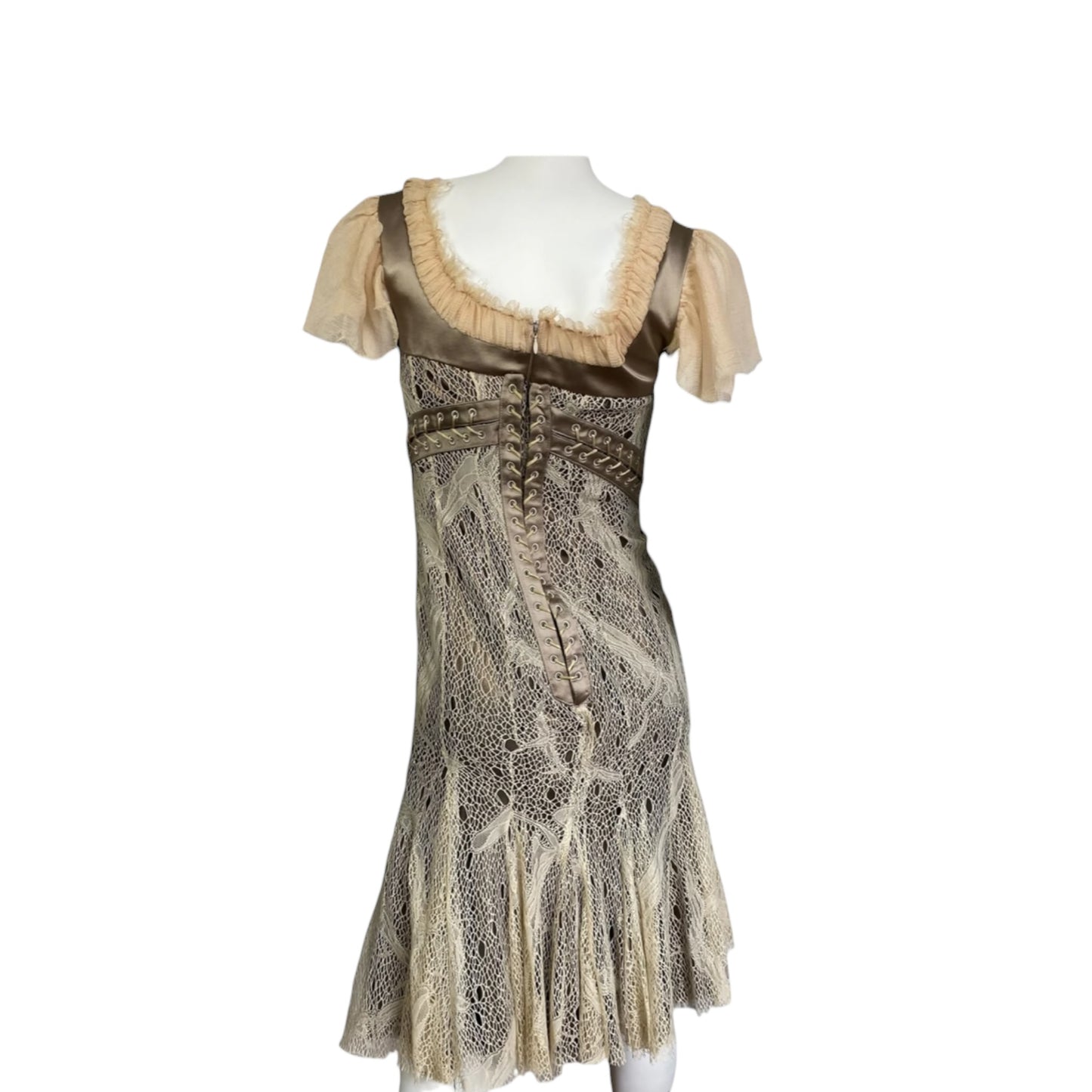 Vintage Alexander Mcqueen Fw2002 «Supercalifragilist Icexpialidocious» Beige Lace & Silk Bondage Corset Midi Dress