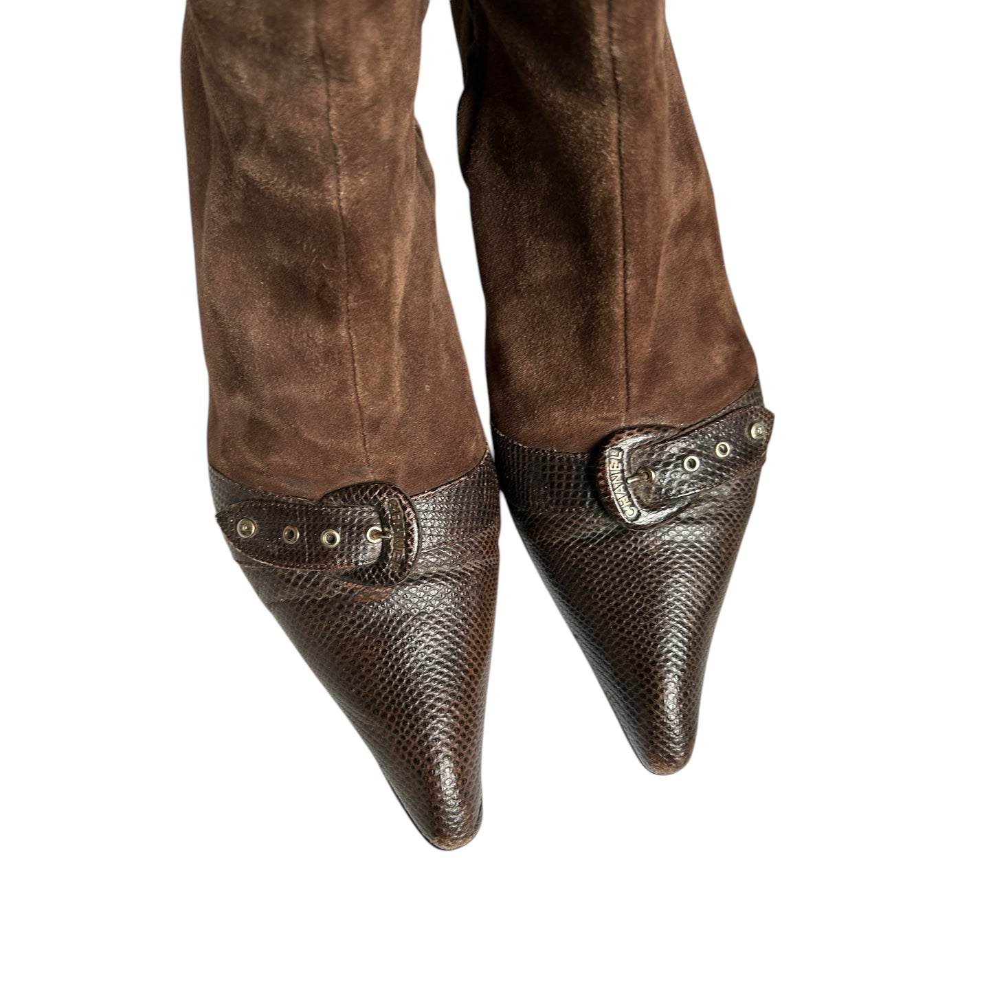 Vintage Chanel brown suede croc buckle ankle boots/ 37