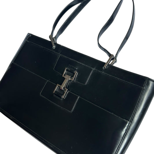 Vintage Gucci Jackie by Tom Ford horse-bit black leather patent tote