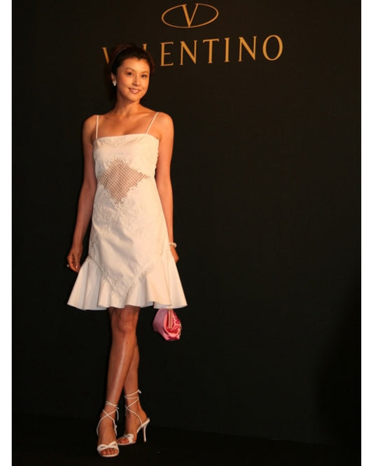 Vintage Valentino SS07 Runway Silk Embellished White Mini Dress with Lattice Cutout
