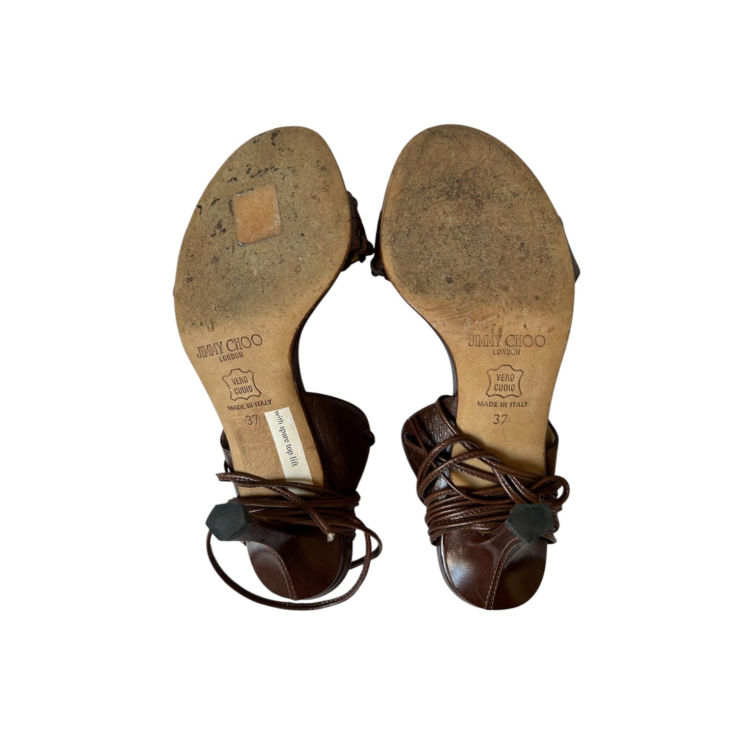 Vintage Jimmy Choo brown leather wrap around heels / 37