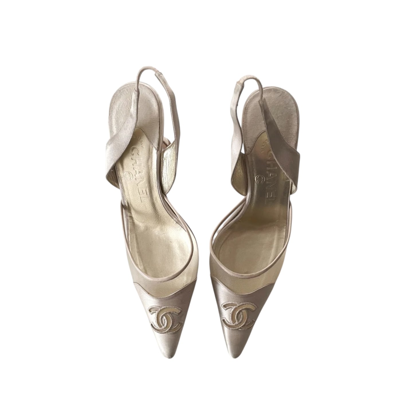 Vintage Chanel satin pearl CC logo slingback heels by Karl Lagerfeld/ 36