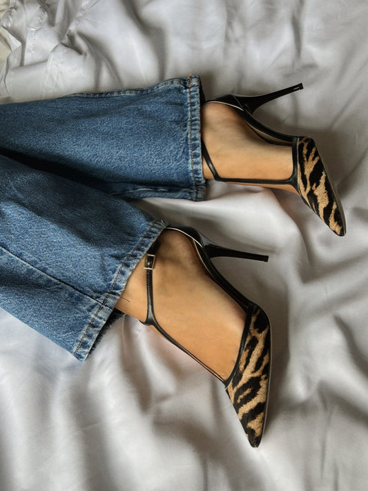 Vintage Jimmy Choo pony hair tiger print heels/ 38.5