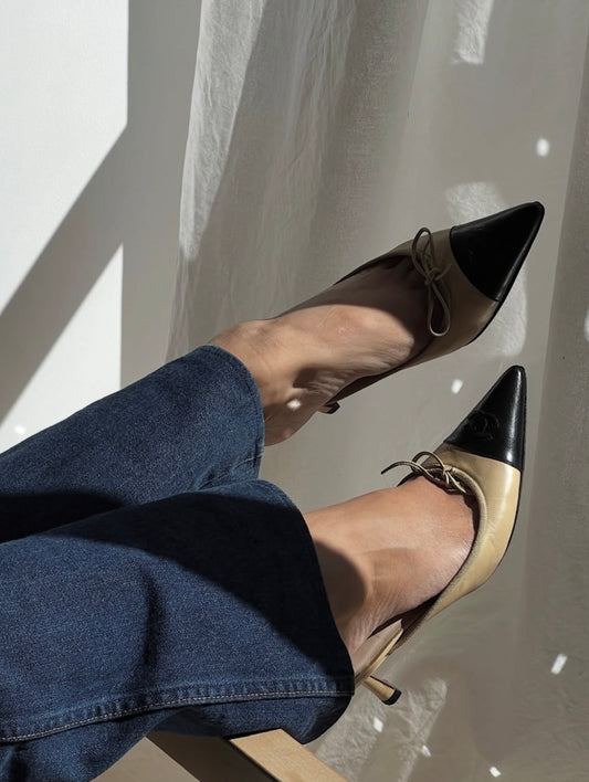 Vintage Chanel two tone CC logo mule heels by Karl Lagerfeld/ 37.5