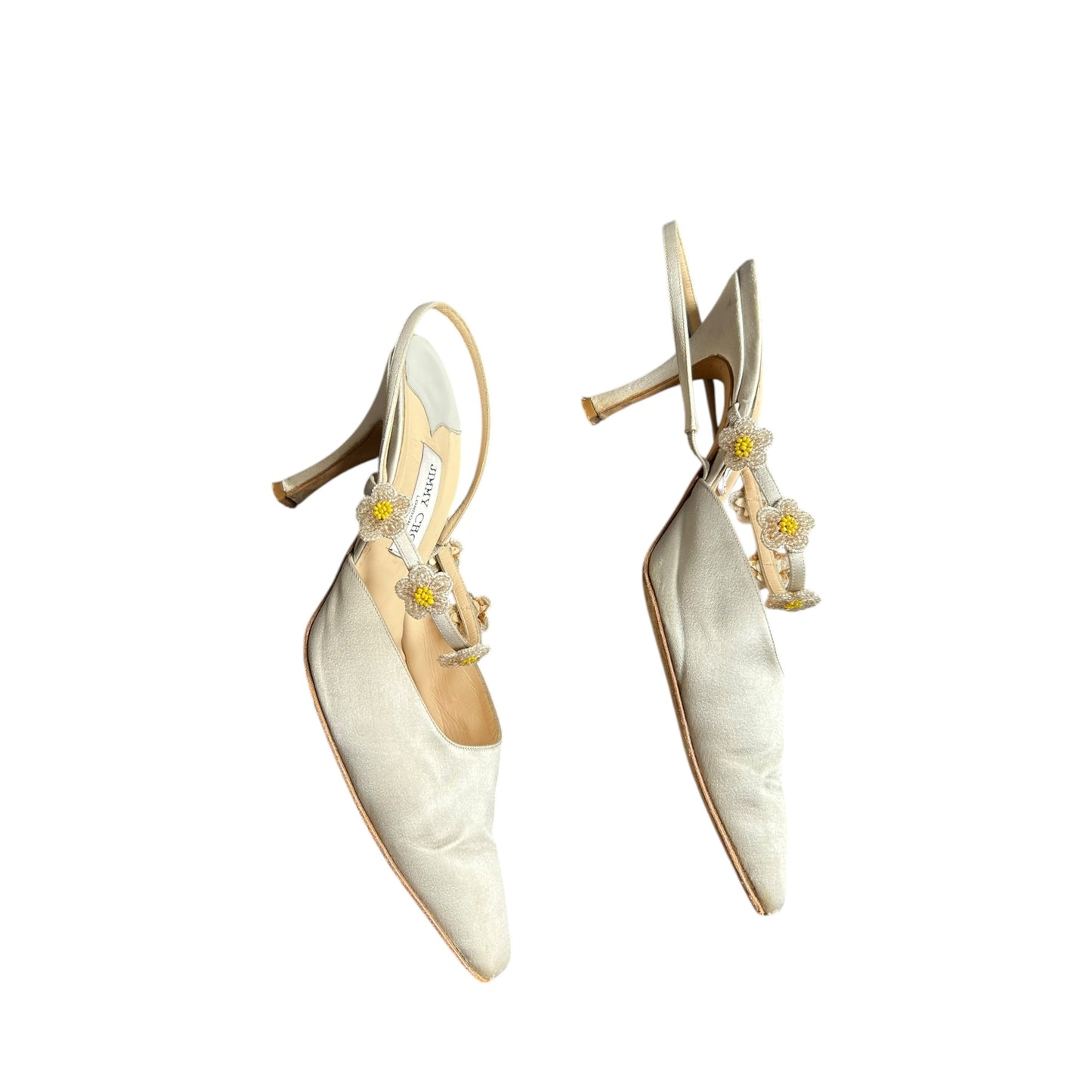 Vintage Jimmy Choo floral beads satin gray heels/ 40