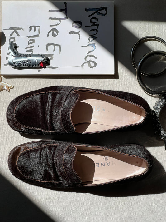 Vintage Chanel pony style brown loafer/38
