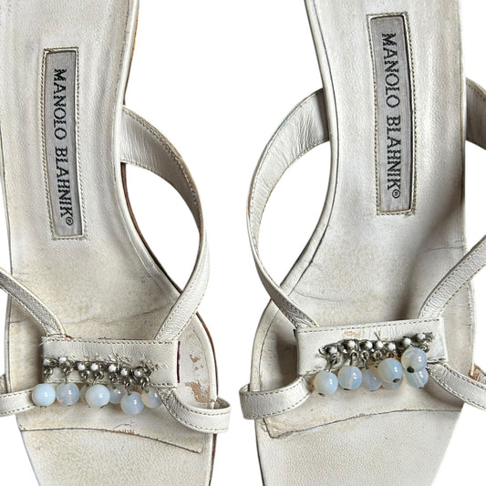 Vintage Manolo Blahnik white leather beaded slips mules / 37