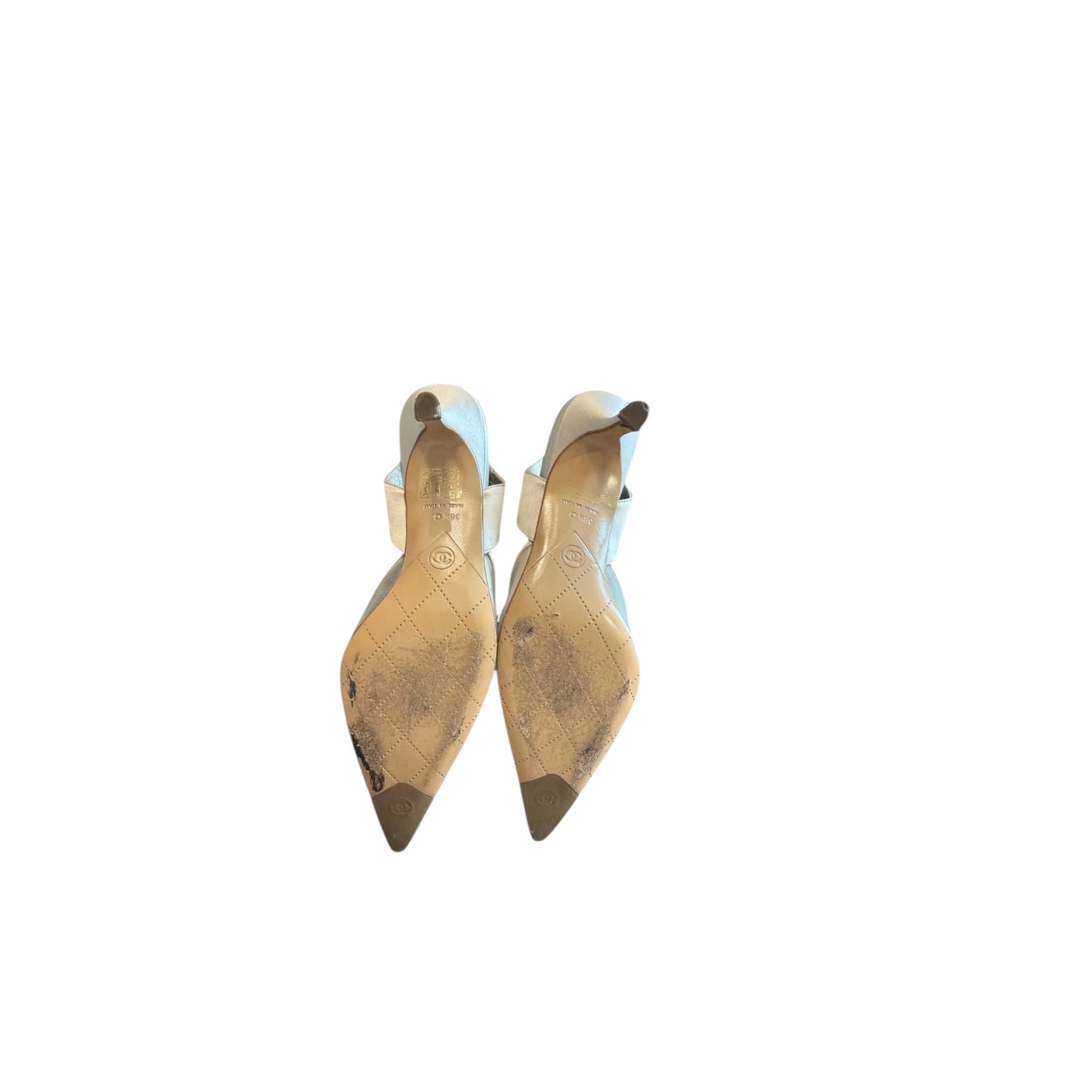 Vintage Chanel satin pearl CC logo slingback heels by Karl Lagerfeld/ 38.5