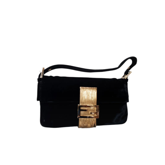 Fendi Baguette Vintage Rare Black Velvet with Gold Metal Tassles
