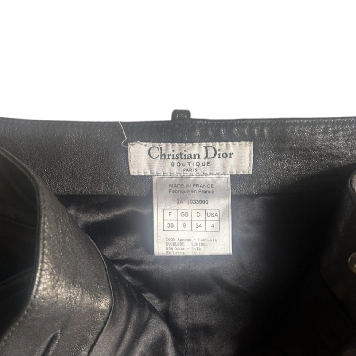 Fivedotsvintage Christian Dior Boutique black lambskin leather mini skirt interior label and silk lining detail