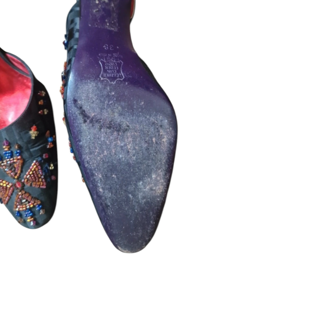 Fivedotsvintage Fendi slingback pumps with beaded Zucca canvas, pointed toe, and purple leather sole.