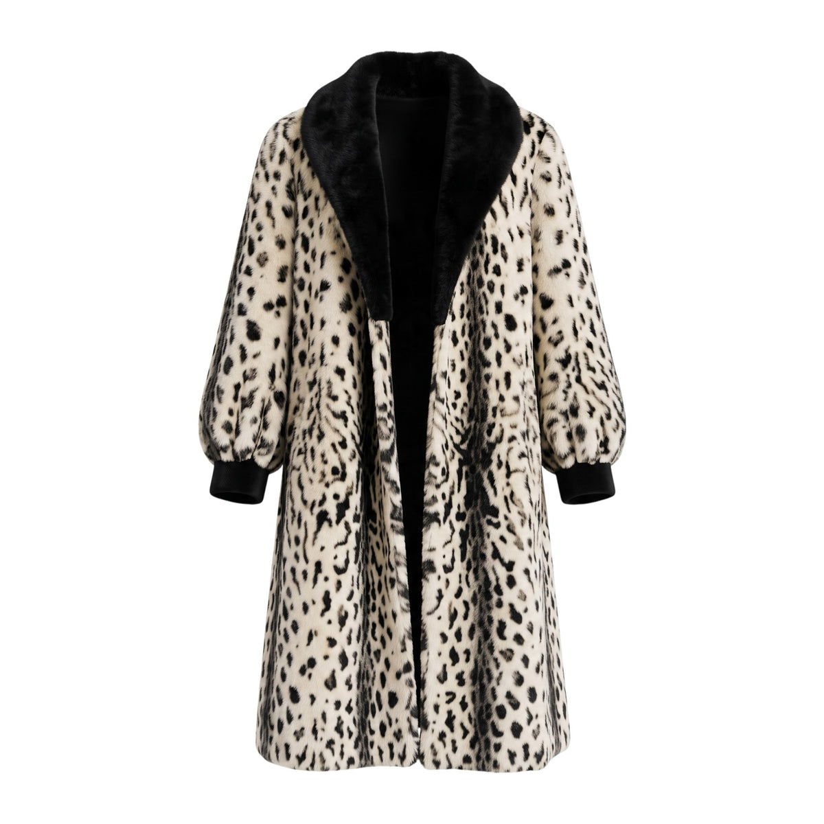 Fivedotsvintage long faux fur coat featuring a leopard print pattern with a black contrast collar and cuffs.