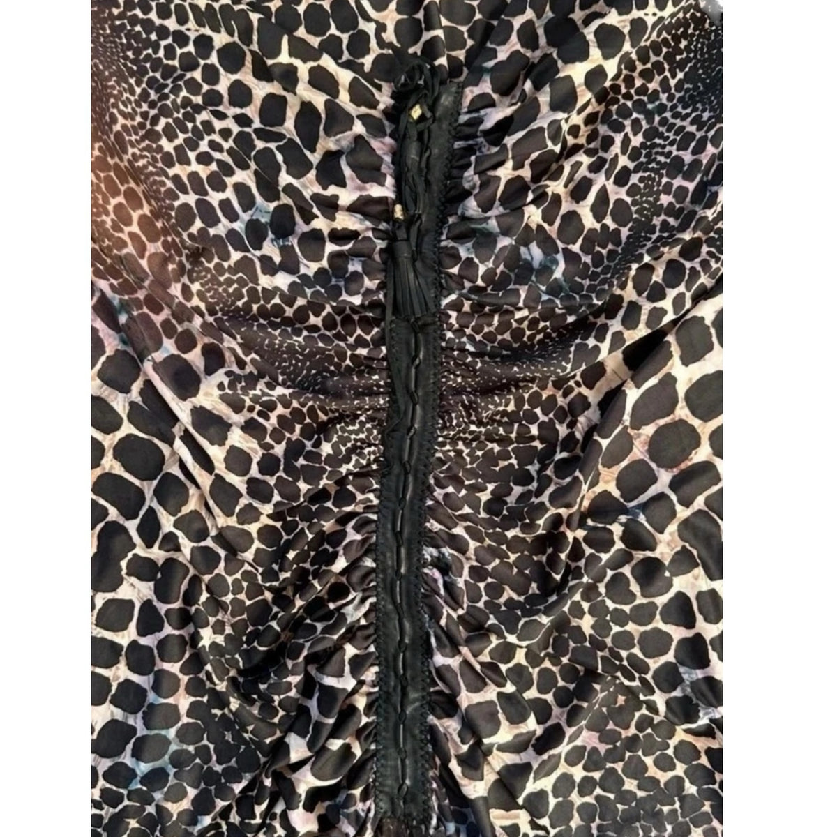Fivedotsvintage Roberto Cavalli long sleeve dress featuring a black and white animal print with central ruched detail.