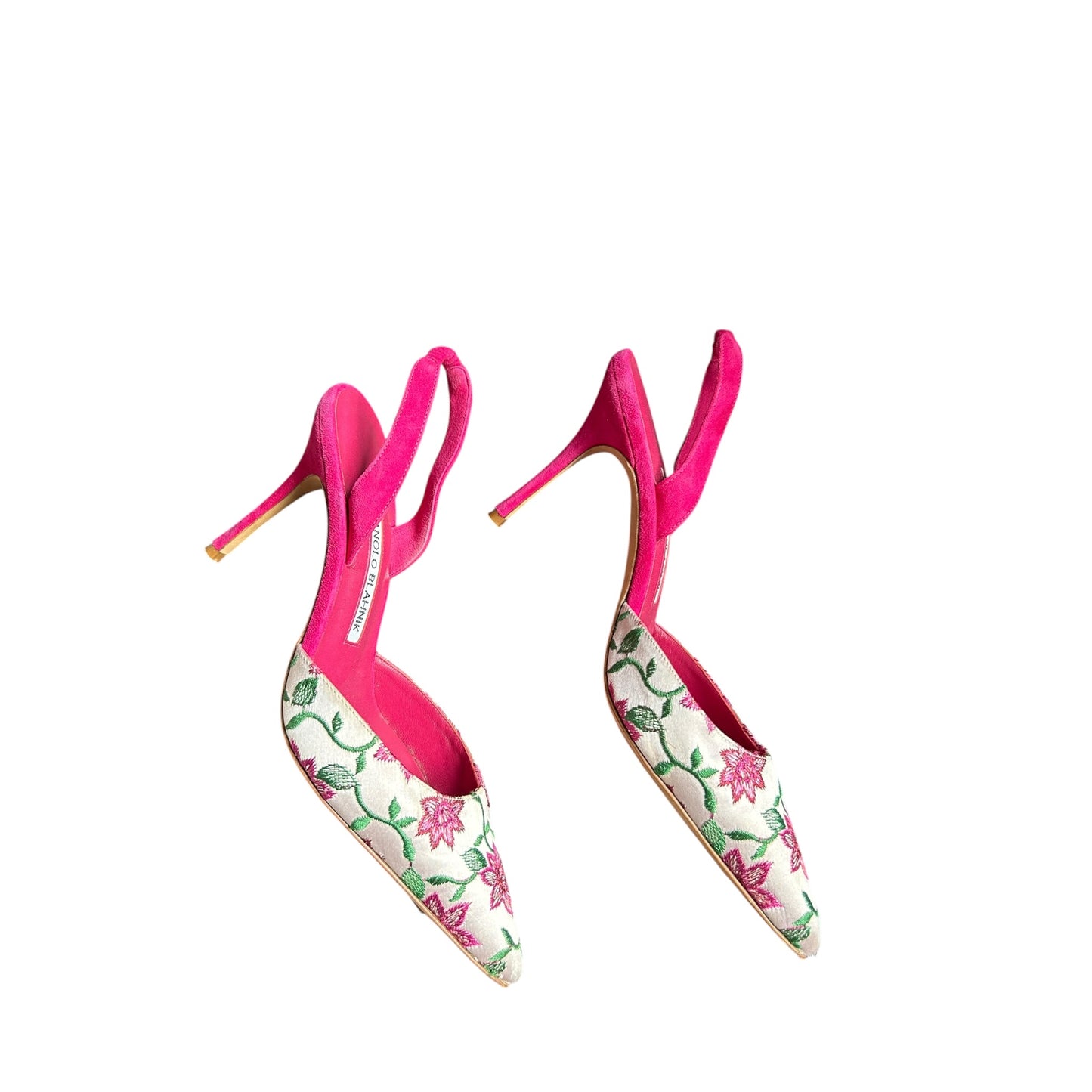 Vintage Manolo Blahnik floral pink suede slingback heels / 36