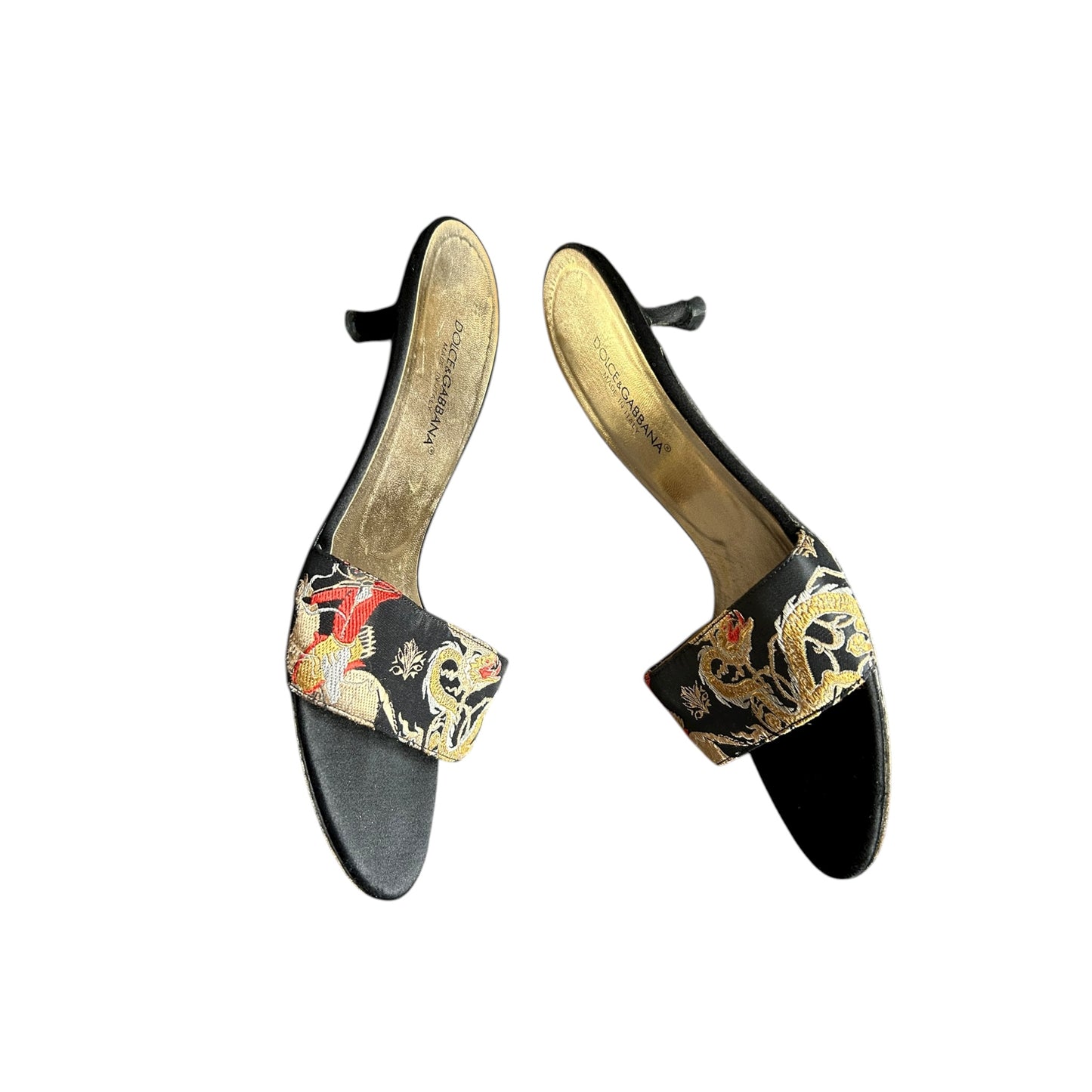 Vintage Dolce&Gabbana satin Chinese dragon embroidered design mule heels / 38.5