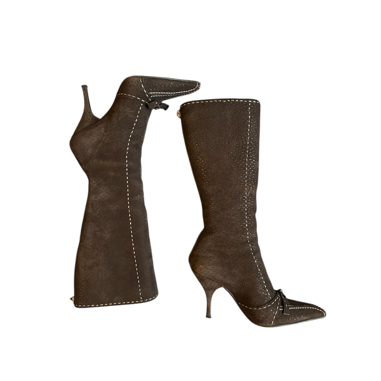 Vintage Prada chocolate brown ostrich leather contrast stitch knee high boots / 37